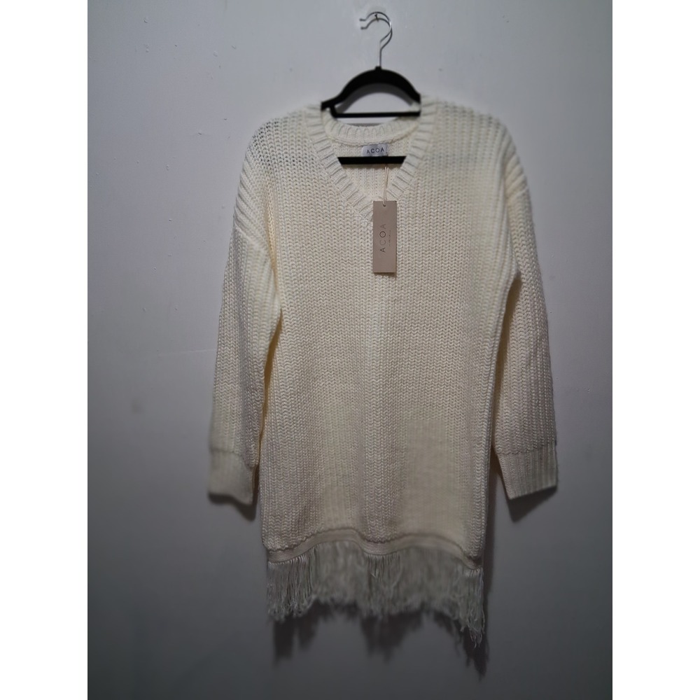 ACOA Collection Ivory V-Neck Fringe Hem Ribbed Knit Sweater Dress Medium NWT